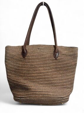 Eric Javits Brown Striped Tote Bag with Leather Handles